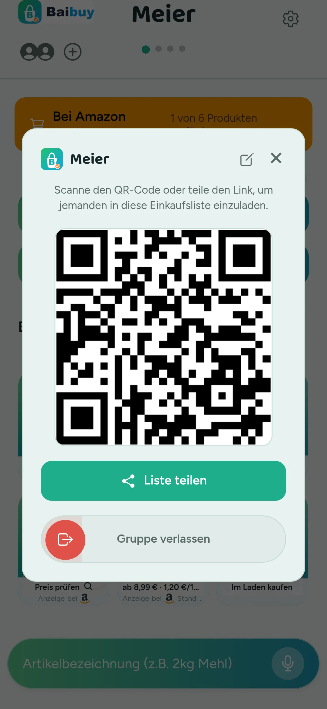 BaiBuy &bdquo;Liste teilen&ldquo;-Ansicht: QR-Code zum Einladen von Haushaltsmitgliedern in die gemeinsame Einkaufsliste